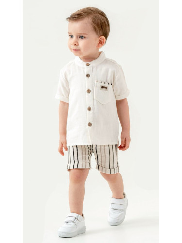 Летен бебешки комплект за момче от риза в екрю с кафеви копчета и джоб