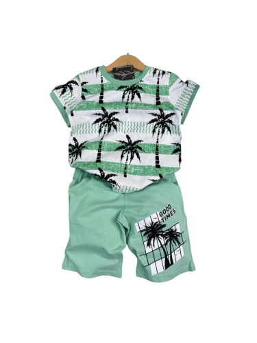 Летен комплект за момче в зелено с палми от блуза с къс ръкав и къси п
