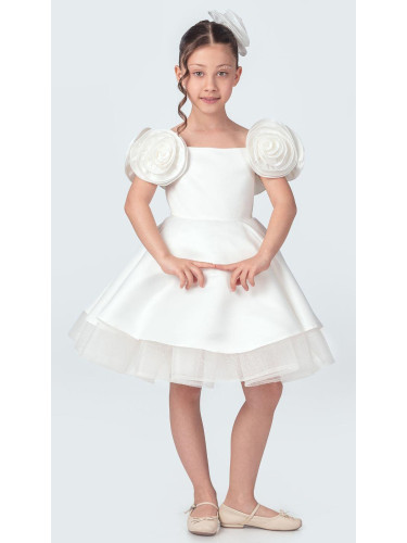 Детска официална рокля в бяло от сатен с 3D цветя, тюл и аксесоар за к