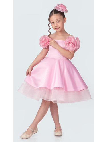 Детска официална рокля в розово от сатен с 3D цветя, тюл и аксесоар за