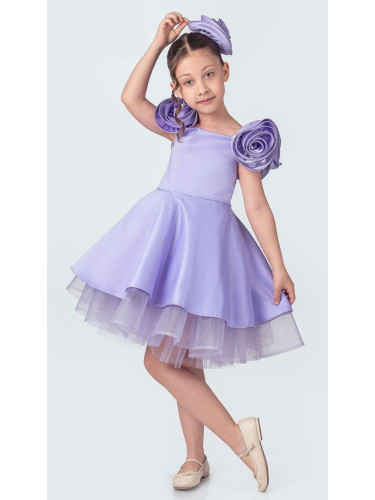 Детска официална рокля в лилаво от сатен с 3D цветя, тюл и аксесоар за