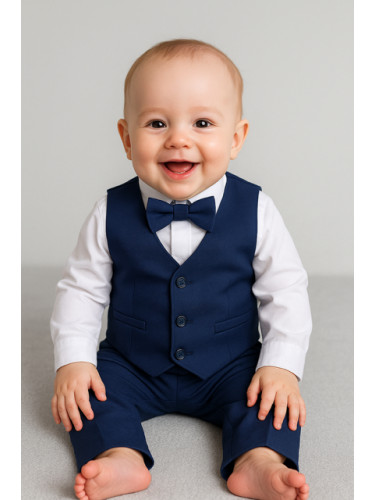 Официален бебешки костюм в тъмносиньо за момче от 4 части елек, риза в
