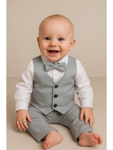 Официален бебешки костюм в сиво за момче от 4 части- ризка в бяло, па