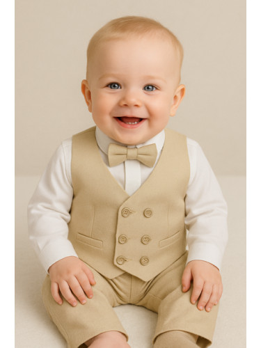 Официален костюм в бежово за момче от 4 части елек с два реда копчета,