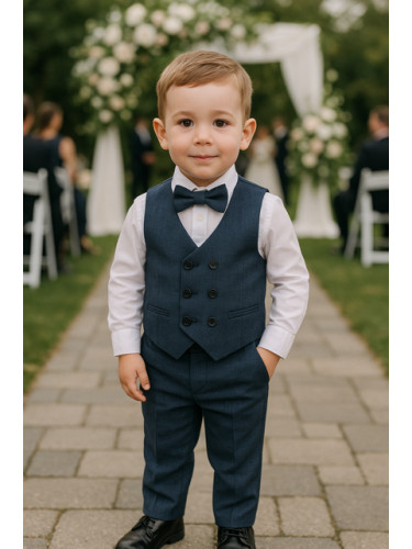 Официален костюм в тъмносиньо за момче от 4 части-елек с два реда копч