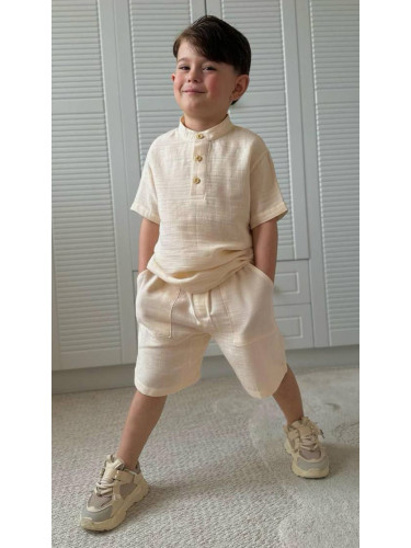 Летен комплект за момче от 2 части в бежово - риза без яка с къс ръкав