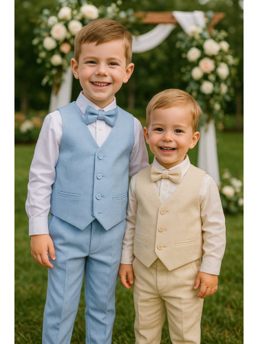 Официален костюм в светъл бежов цвят за момче от 4 части елек, риза в 