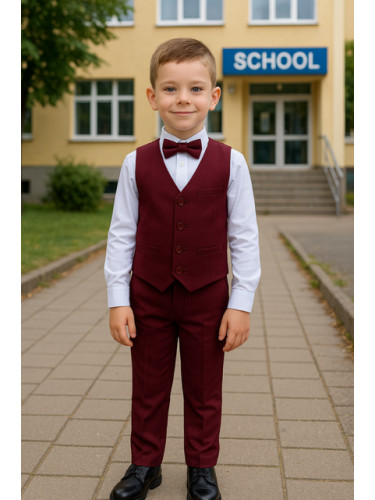 Стилен официален комплект в бордо за момче от 4 части елек, риза в бял