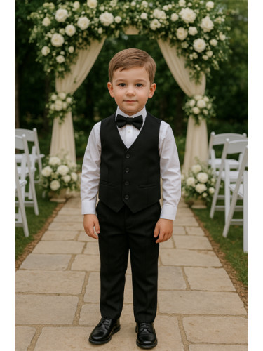 Официален комплект в черно за момче от 4 части елек, риза в бяло, пант