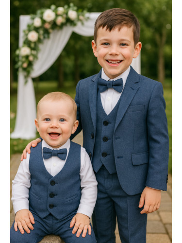 Стилен официален костюм за момче от 5 части в тъмносиньо със сако, ле