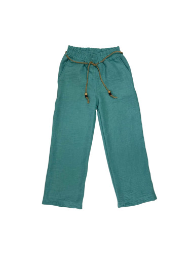 Детски панталон за момиче от лен в тюркоаз с коланче 