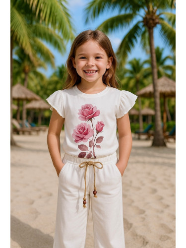 Детски летен комплект за момиче от блузка в бяло с шифон ръкави и пант