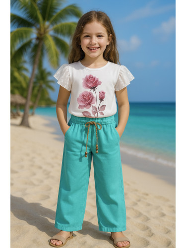 Комплект за момиче от блуза в бяло с шифон ръкави и панталон от лен с 