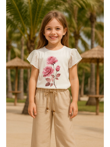 Летен комплект за момиче от блуза в бяло с шифон ръкави и панталон от 