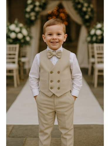 Официален костюм в бежово за момче от 4 части елек с два реда копчета,