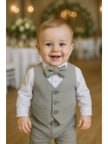 Официален бебешки костюм в сиво за момче от 4 части елек, риза в бяло,
