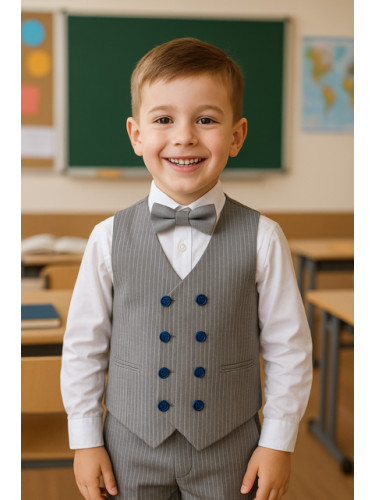 Официален комплект за момче в сиво от 4 части - панталон, елек, риза 