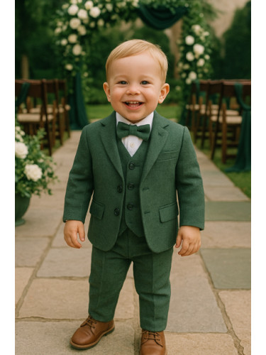 Официален детски костюм за момче от 5 части в зелено-сако, панталон, р