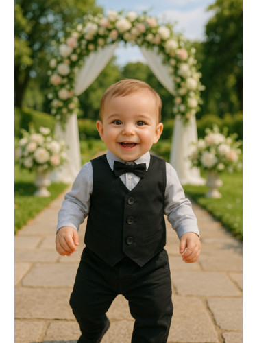 Бебешки официален костюм за момче с ризка на ситни квадратчета и елек 