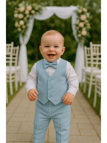 Официален комплект за момче в светлосиньо от 4 части панталон, елек с 