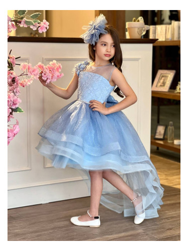 Официална детска рокля в светлосиньо от дантела без ръкав със шлейф Ша