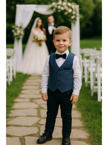 Официален комплект в тъмносиньо за момче от 4 части-елек с един реда к