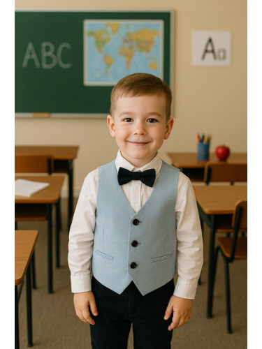 Официален комплект за момче от 4 части-елек в светлосиньо, ризка в бял