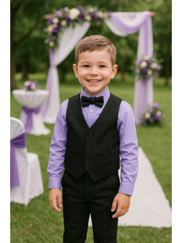 Официален комплект в черно за момче от 4 части елек, риза в лилаво, па