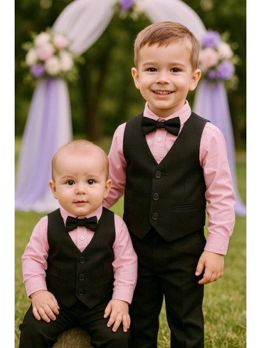 Официален комплект в черно за момче от 4 части елек, риза в розово, па