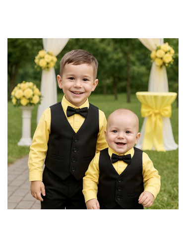 Официален комплект в черно за момче от 4 части елек, риза в жълто, пан