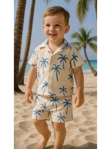 Комплект за момче от ризка и къси панталони в екрю с палми 