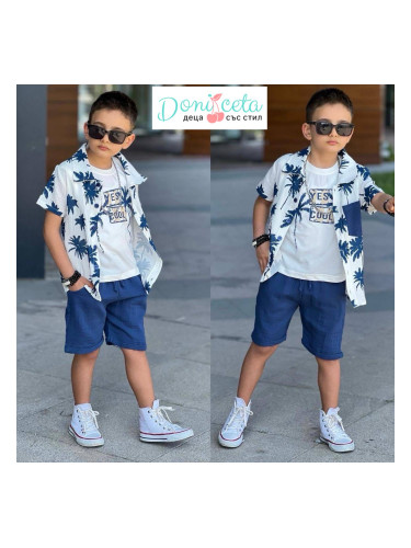Комплект за момче от ризка , къси панталони в синьо с палми и тениска