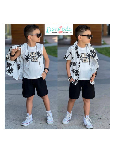 Комплект за момче от ризка, къси панталони в черно с палми и тениска