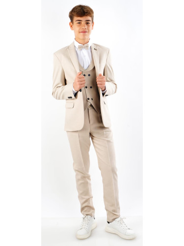 Детски Официален костюм за момче от 5 части в бежово - панталон, риза,