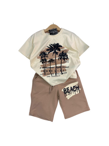 Летен комплект за момче тениска с апликация на палми и къси панталони 
