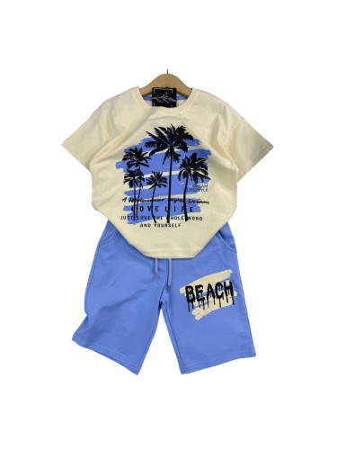 Летен комплект за момче тениска с апликация на палми и къси панталони 