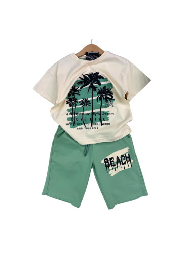 Летен комплект за момче тениска с апликация на палми и къси панталони 