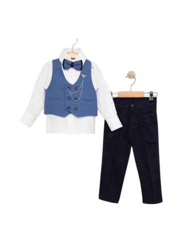 Официален костюм за момче с елек в тъмносиньо с двуредово закопчаване,