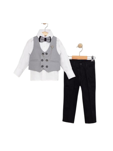 Официален костюм за момче с елек в сиво с двуредово закопчаване, риза 