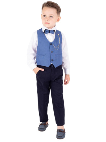 Официален костюм за момче с елек в тъмносиньо с едноредово закопчаване