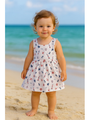 Лятна бебешка рокля в бяло с морски мотиви и червена панделка на гърба