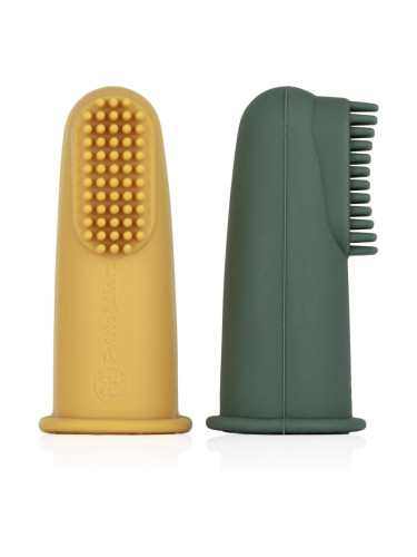 Petite&Mars Take&Match 0m+ детска четка за зъби за върху пръст с калъфка Ochre&Green 2 бр.