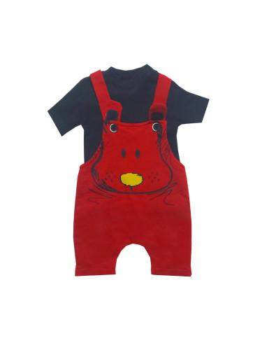Комплект от бебешки гащеризон за момче в червено с тениска в синьо