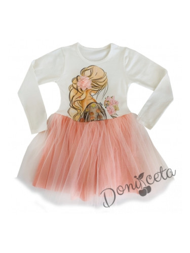 Детска рокля с дълъг ръкав в бяло с момиче и тюл в прасковено