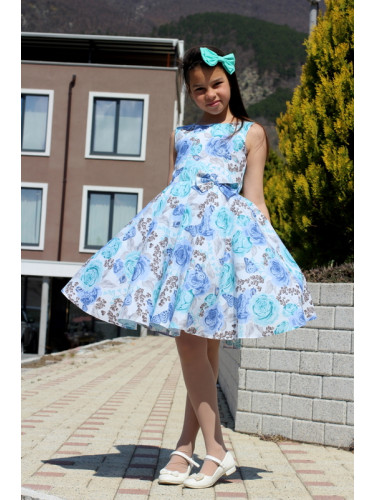 Официална или ежедневна детска рокля на цветя клош в светлосиньо