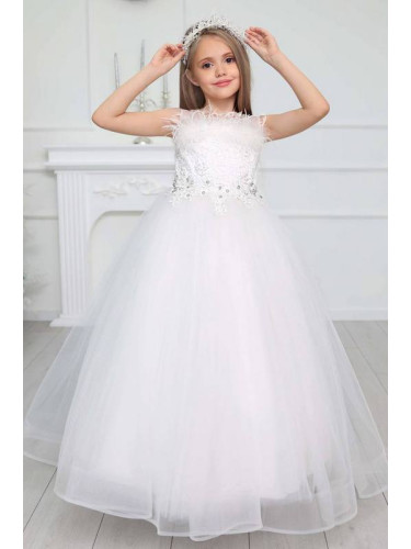 Официална детска дълга рокля в бяло без ръкав Шери с диадема от колекц