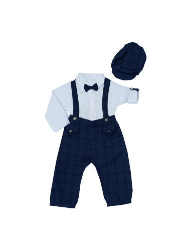 Бебешки комплект от раиран панталон с джобчета, тиранти и папийонка в 