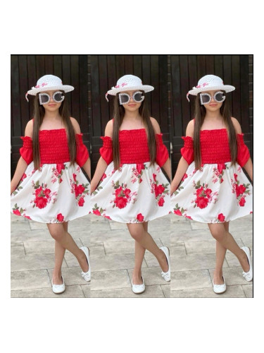 Детски комплект от 2 части - рокля на червени цветя и капела Изабел