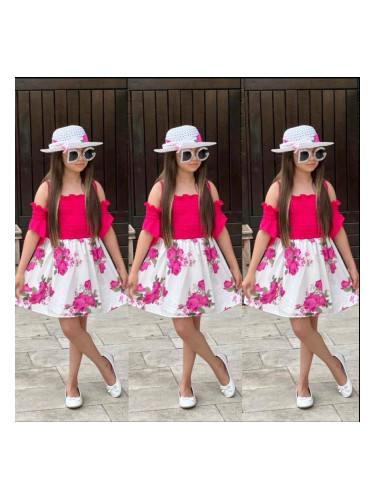 Детски комплект от 2 части - рокля на цикламени цветя и капела Изабел