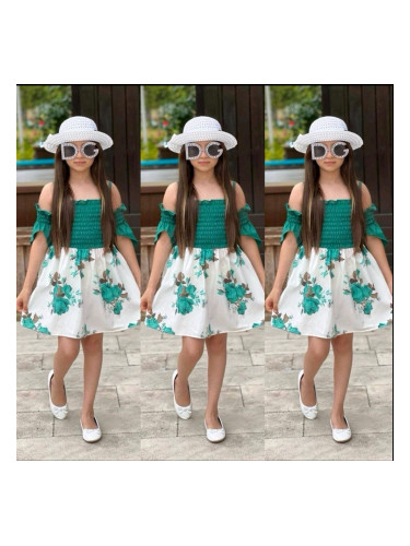 Детски комплект от 2 части - рокля на зелени цветя и капела Изабел